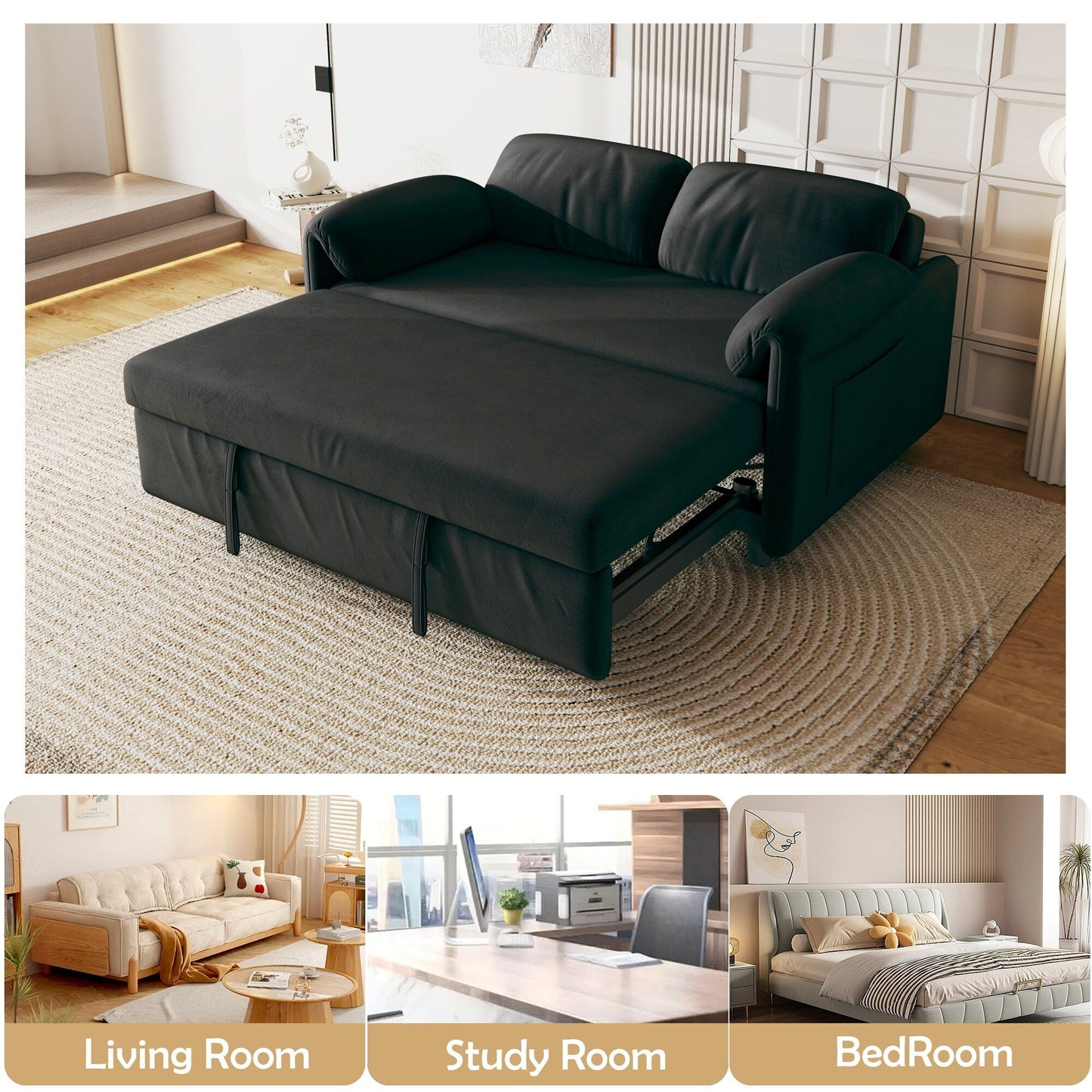 54-Inch Velvet Sofa Bed - Multi-Purpose Design with Retractable Queen Bed and Armrest Storage