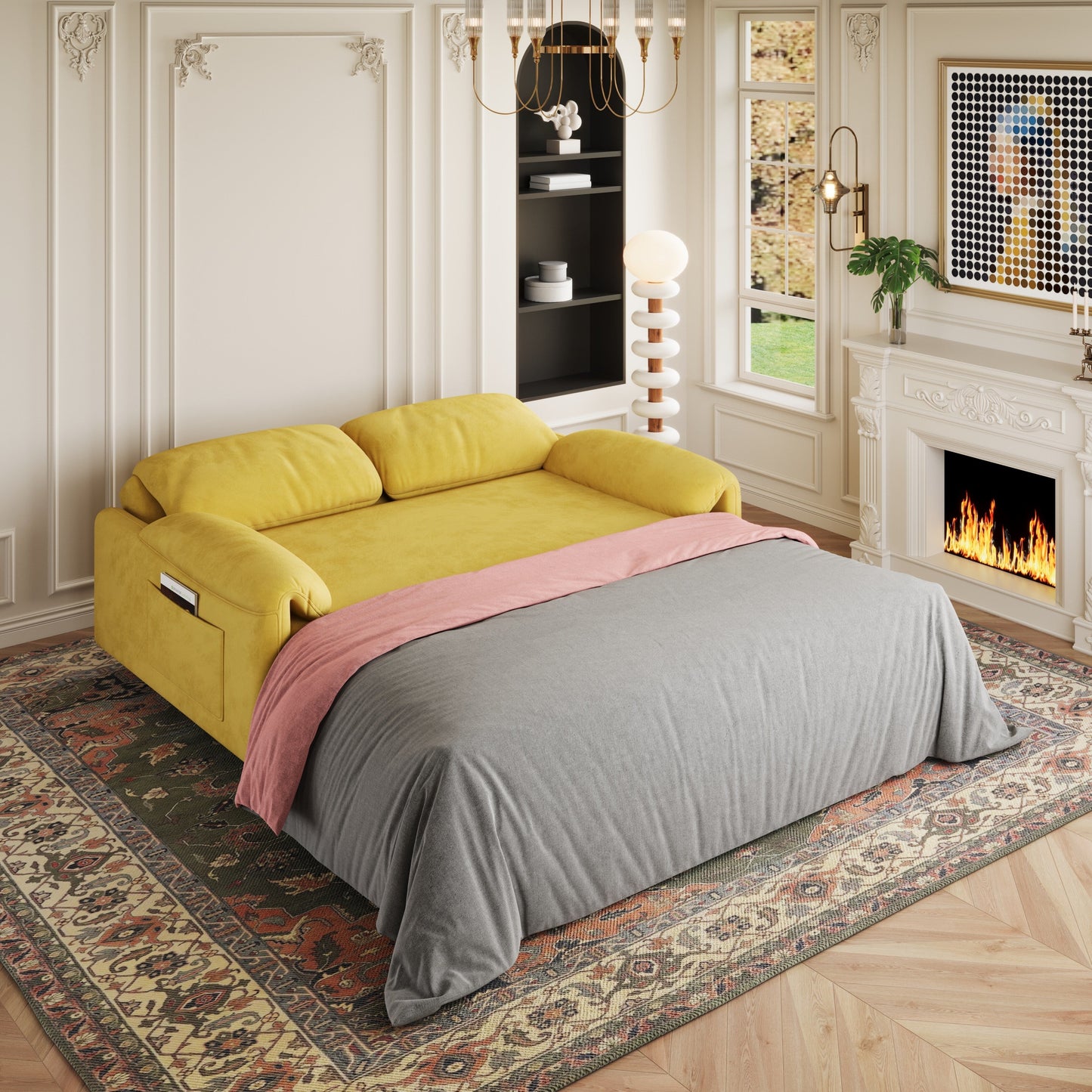 54-Inch Velvet Sofa Bed - Multi-Purpose Design with Retractable Queen Bed and Armrest Storage