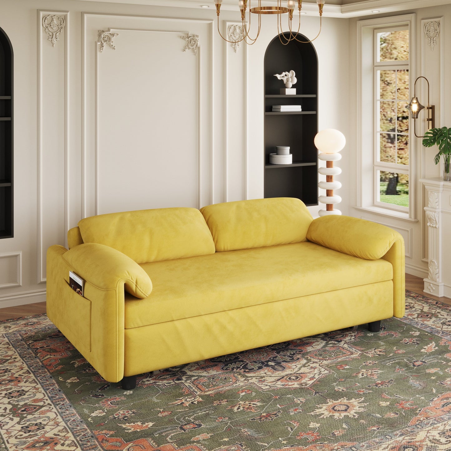 54-Inch Velvet Sofa Bed - Multi-Purpose Design with Retractable Queen Bed and Armrest Storage
