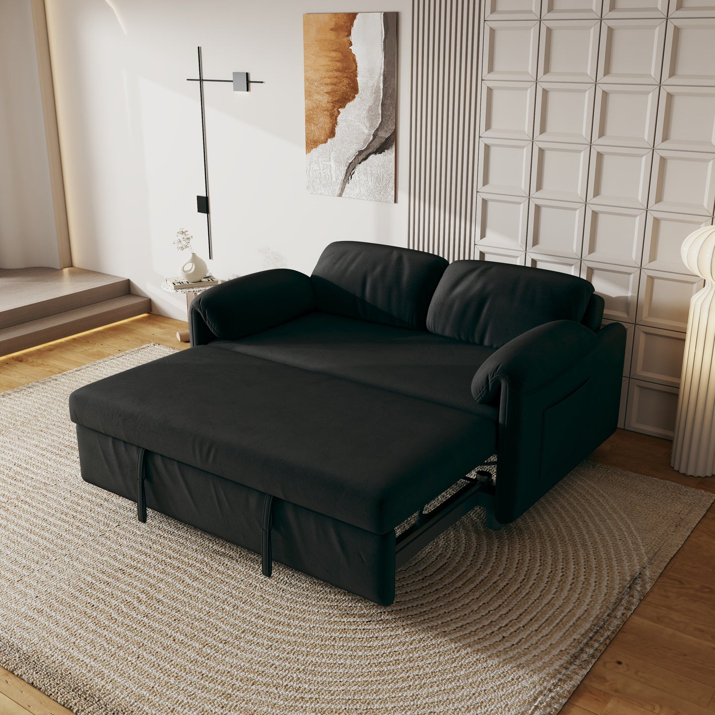 54-Inch Velvet Sofa Bed - Multi-Purpose Design with Retractable Queen Bed and Armrest Storage