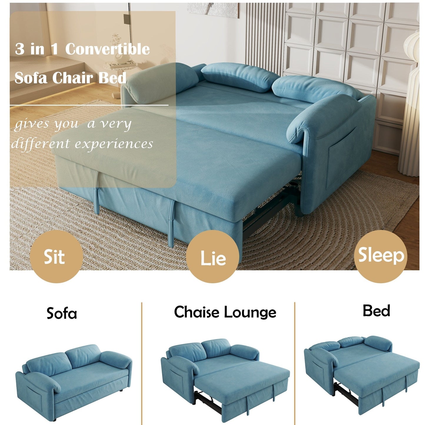 54-Inch Velvet Sofa Bed - Multi-Purpose Design with Retractable Queen Bed and Armrest Storage
