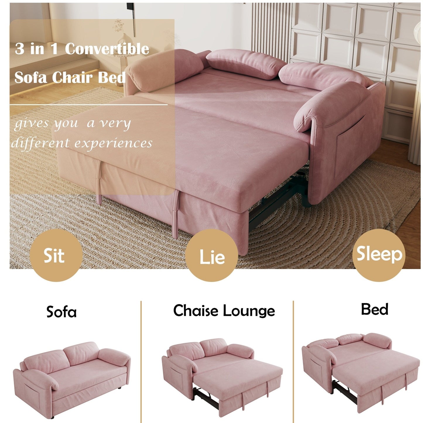 54-Inch Velvet Sofa Bed - Multi-Purpose Design with Retractable Queen Bed and Armrest Storage