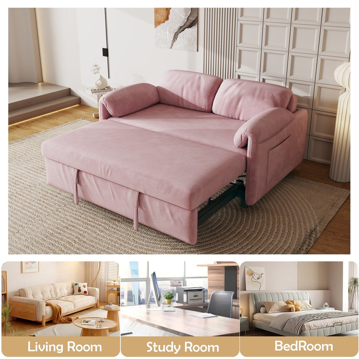 54-Inch Velvet Sofa Bed - Multi-Purpose Design with Retractable Queen Bed and Armrest Storage