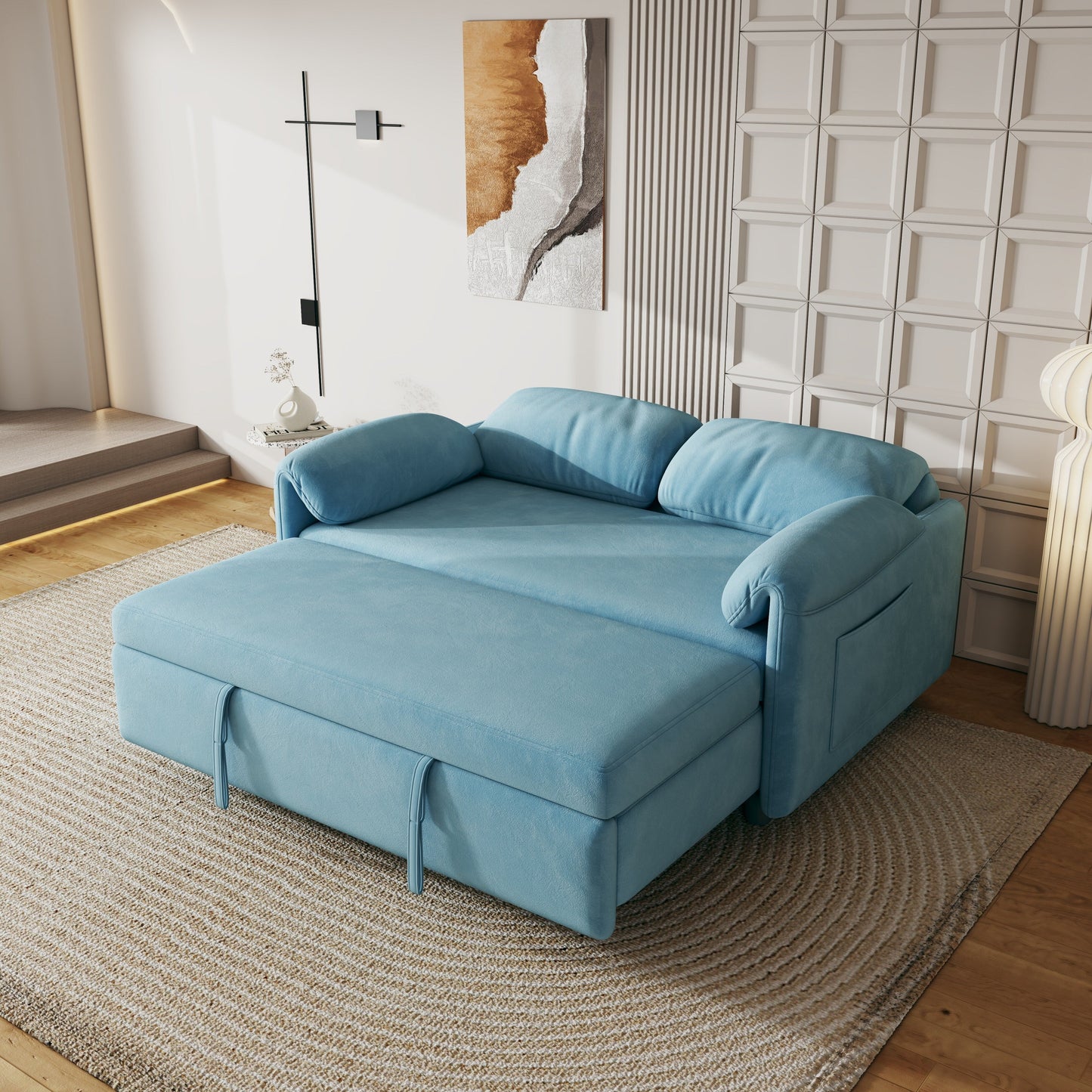 54-Inch Velvet Sofa Bed - Multi-Purpose Design with Retractable Queen Bed and Armrest Storage