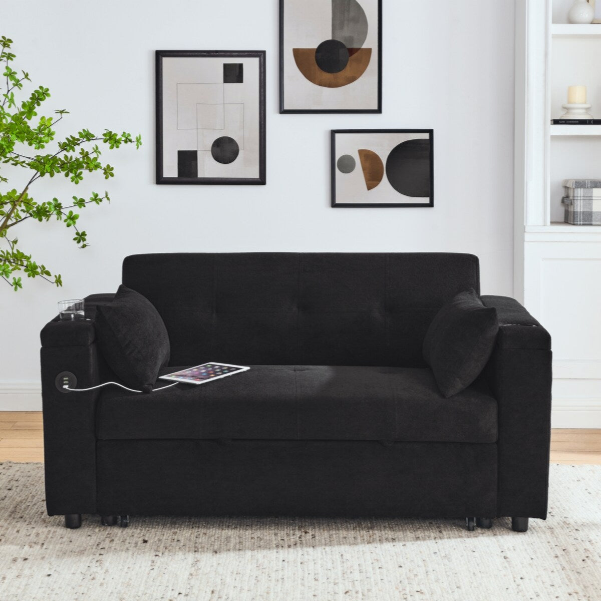 54 Pull-Out Sleeper Sofa Bed Double Seat Recliner Sofa Bed with Armrests with Storage and Side Pockets,with USB Power Outlet