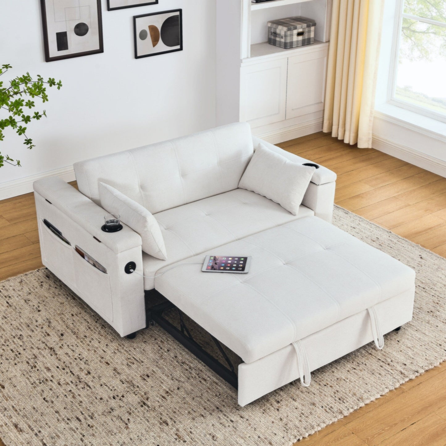 54 Pull-Out Sleeper Sofa Bed Double Seat Recliner Sofa Bed with Armrests with Storage and Side Pockets,with USB Power Outlet