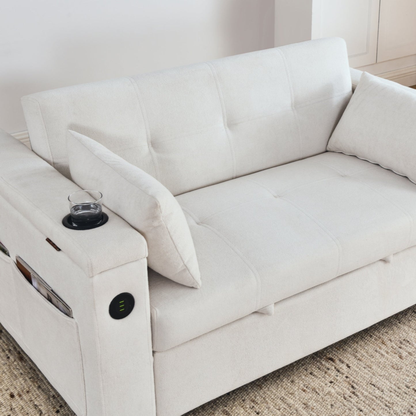54 Pull-Out Sleeper Sofa Bed Double Seat Recliner Sofa Bed with Armrests with Storage and Side Pockets,with USB Power Outlet