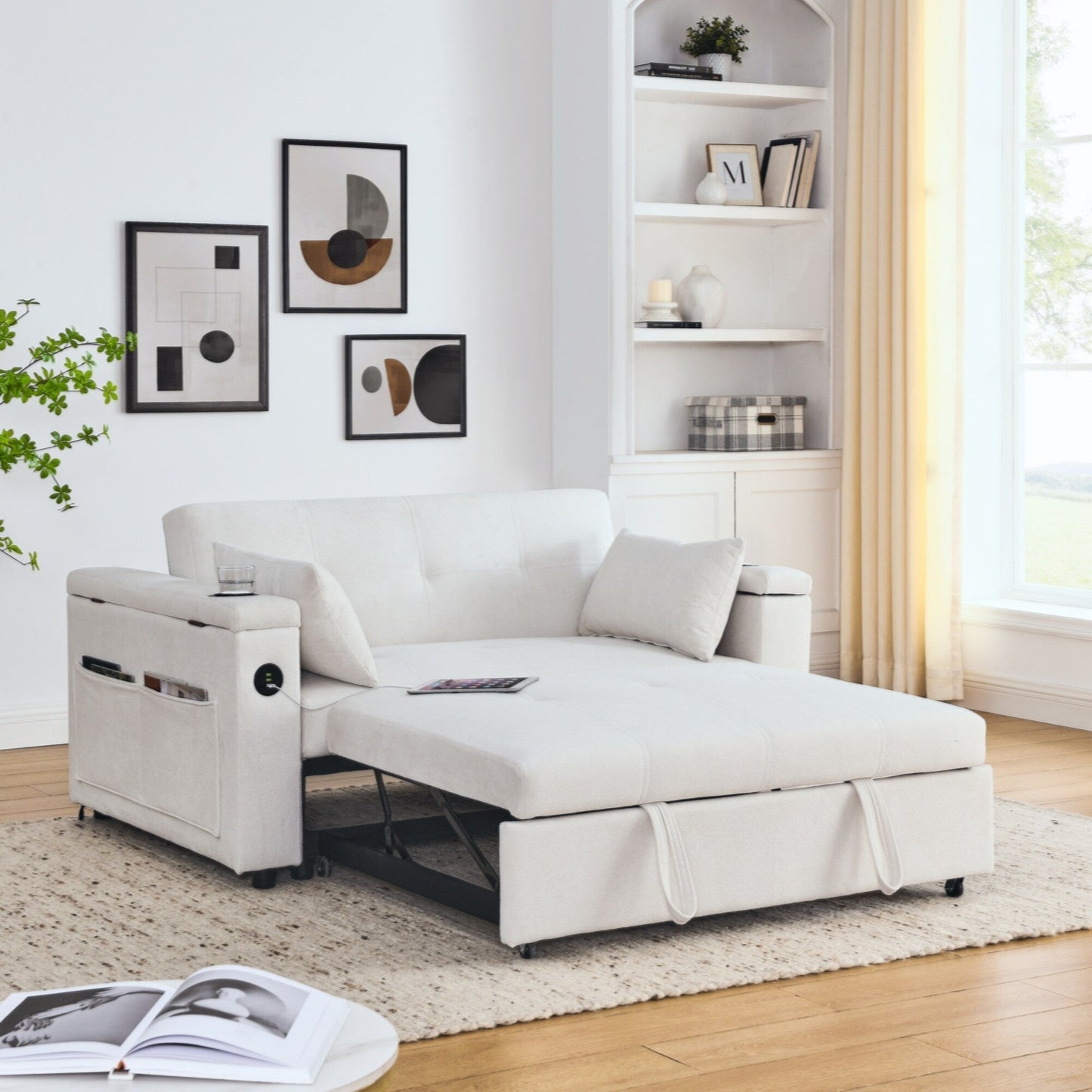 54 Pull-Out Sleeper Sofa Bed Double Seat Recliner Sofa Bed with Armrests with Storage and Side Pockets,with USB Power Outlet