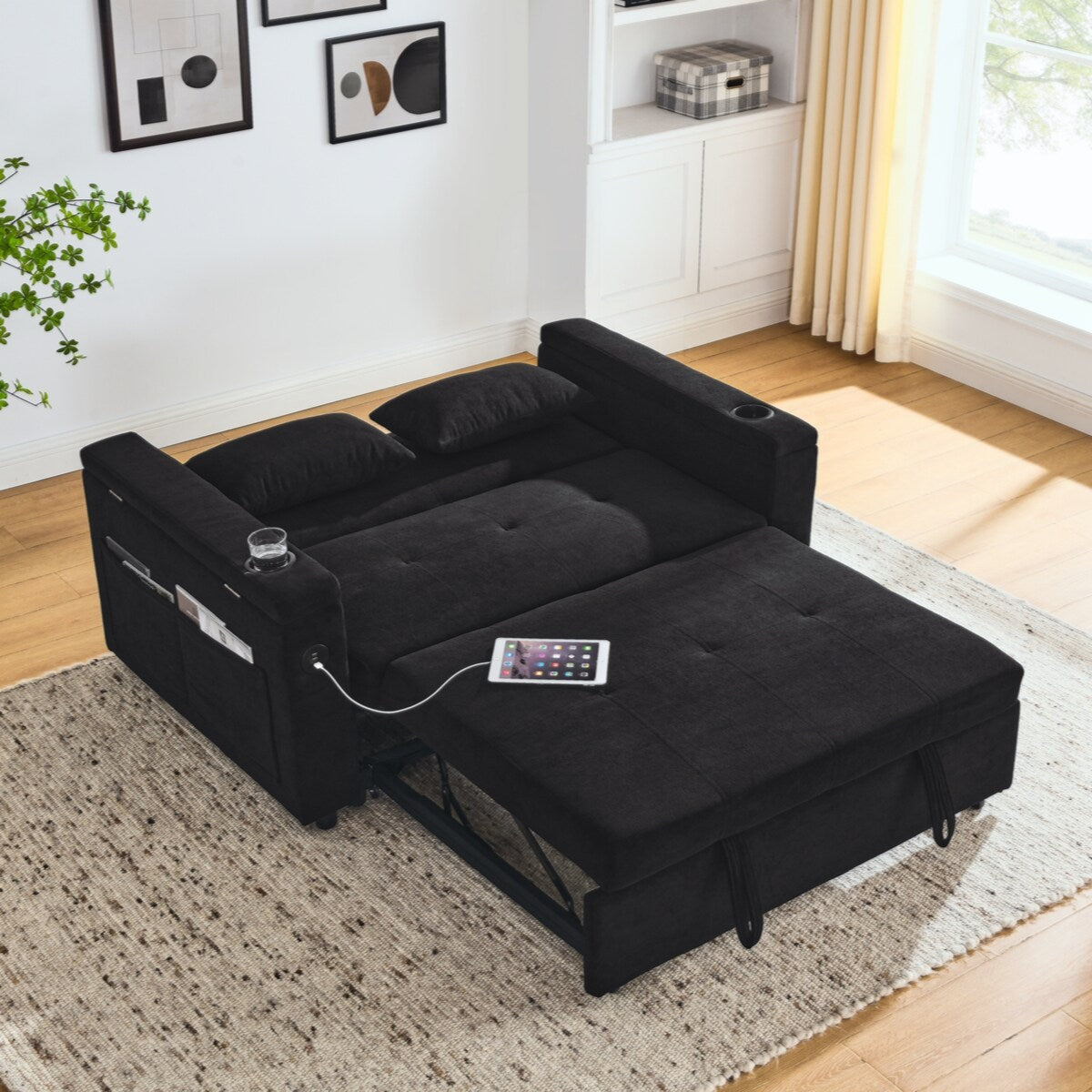 54 Pull-Out Sleeper Sofa Bed Double Seat Recliner Sofa Bed with Armrests with Storage and Side Pockets,with USB Power Outlet