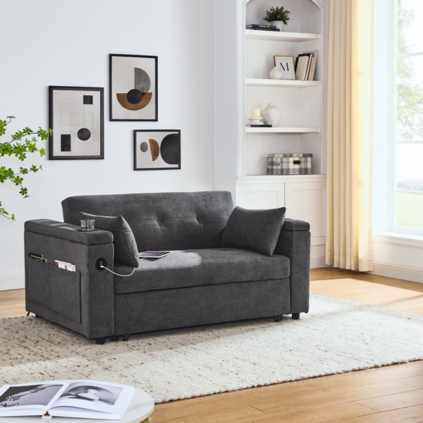 54 Pull-Out Sleeper Sofa Bed Double Seat Recliner Sofa Bed with Armrests with Storage and Side Pockets,with USB Power Outlet