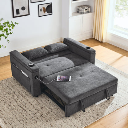 54 Pull-Out Sleeper Sofa Bed Double Seat Recliner Sofa Bed with Armrests with Storage and Side Pockets,with USB Power Outlet