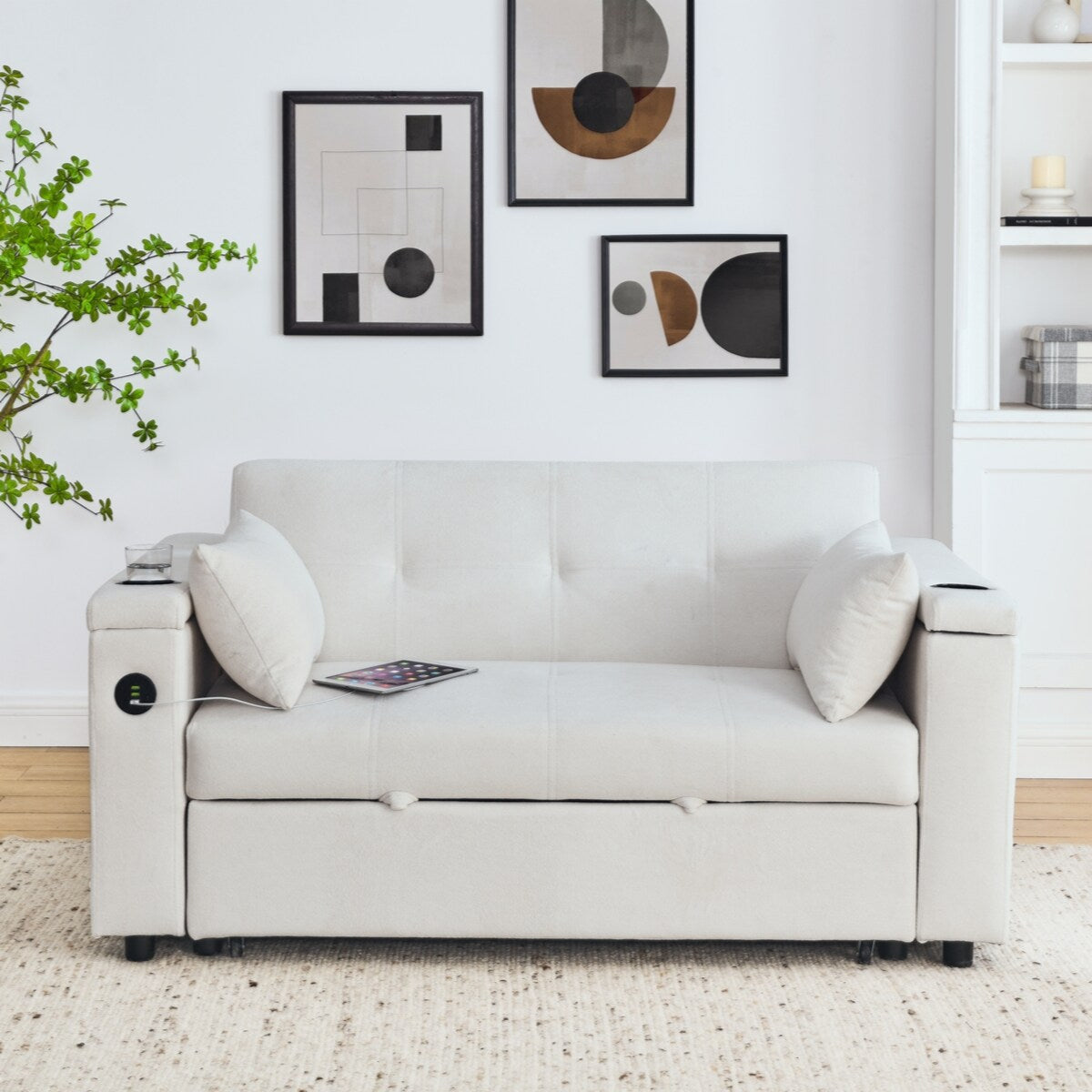 54 Pull-Out Sleeper Sofa Bed Double Seat Recliner Sofa Bed with Armrests with Storage and Side Pockets,with USB Power Outlet