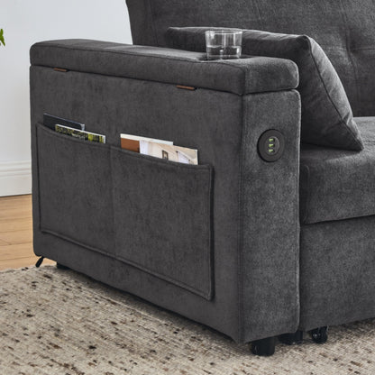 54 Pull-Out Sleeper Sofa Bed Double Seat Recliner Sofa Bed with Armrests with Storage and Side Pockets,with USB Power Outlet