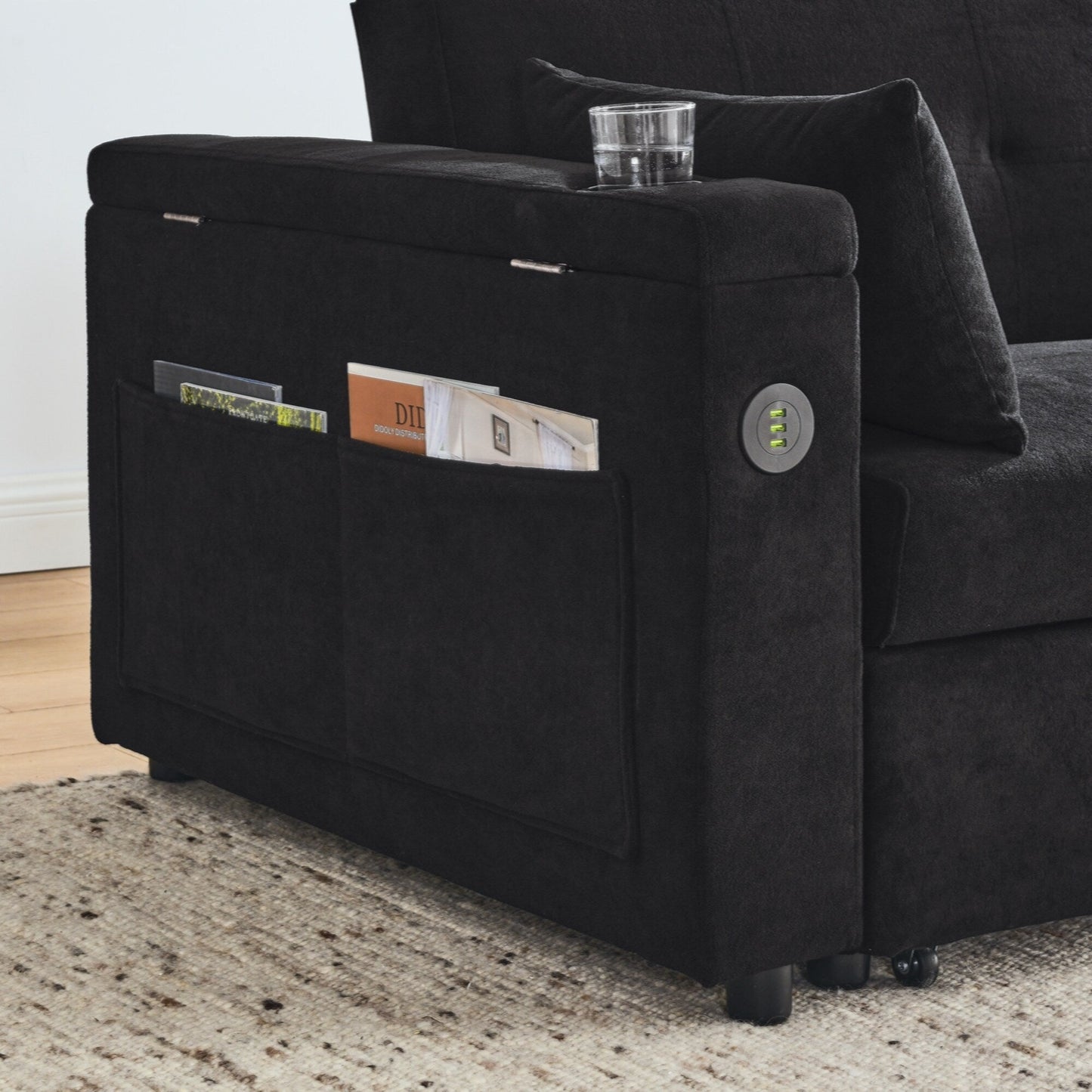 54 Pull-Out Sleeper Sofa Bed Double Seat Recliner Sofa Bed with Armrests with Storage and Side Pockets,with USB Power Outlet
