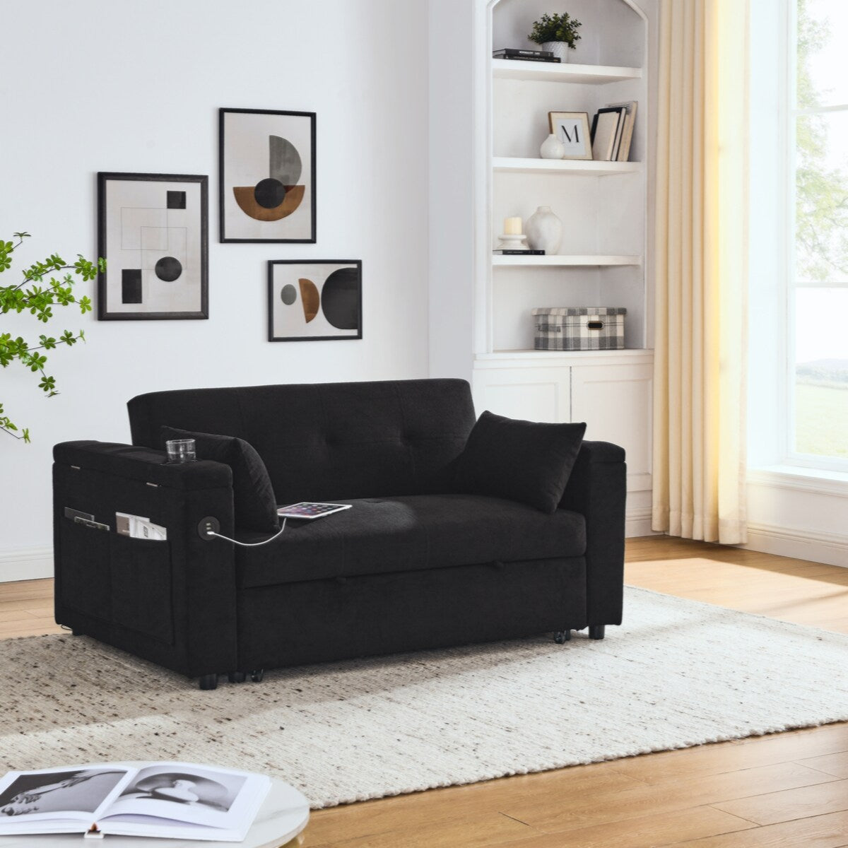 54 Pull-Out Sleeper Sofa Bed Double Seat Recliner Sofa Bed with Armrests with Storage and Side Pockets,with USB Power Outlet