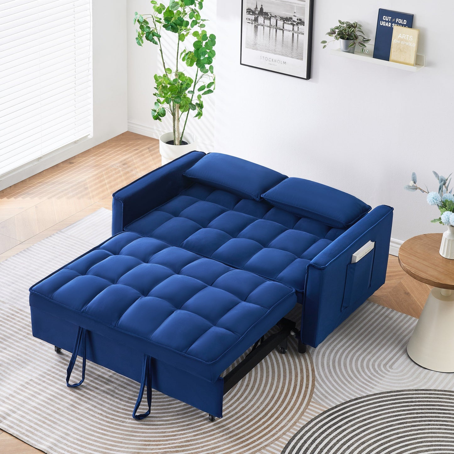 55-inch Blue Velvet Sofa with Pockets 3-in-1 Convertible