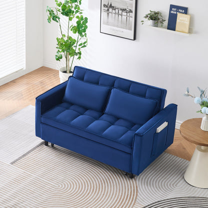 55-inch Blue Velvet Sofa with Pockets 3-in-1 Convertible