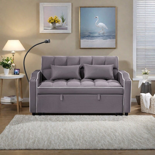 55.11 Suede Multi-Position Folding Sofa Bed with USB Charging Port, Rotating Phone Stand, and Ashtray