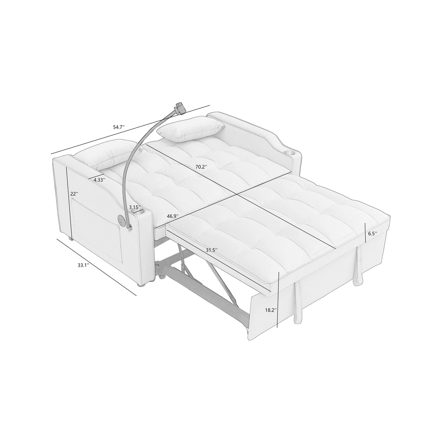 55.11 Suede Multi-Position Folding Sofa Bed with USB Charging Port, Rotating Phone Stand, and Ashtray