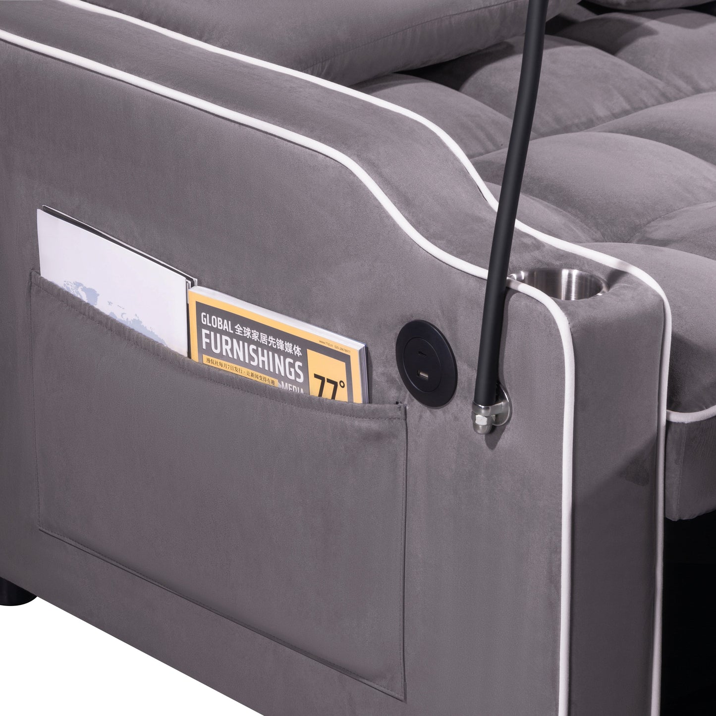 55.11 Suede Multi-Position Folding Sofa Bed with USB Charging Port, Rotating Phone Stand, and Ashtray