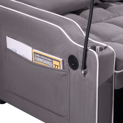 55.11 Suede Multi-Position Folding Sofa Bed with USB Charging Port, Rotating Phone Stand, and Ashtray