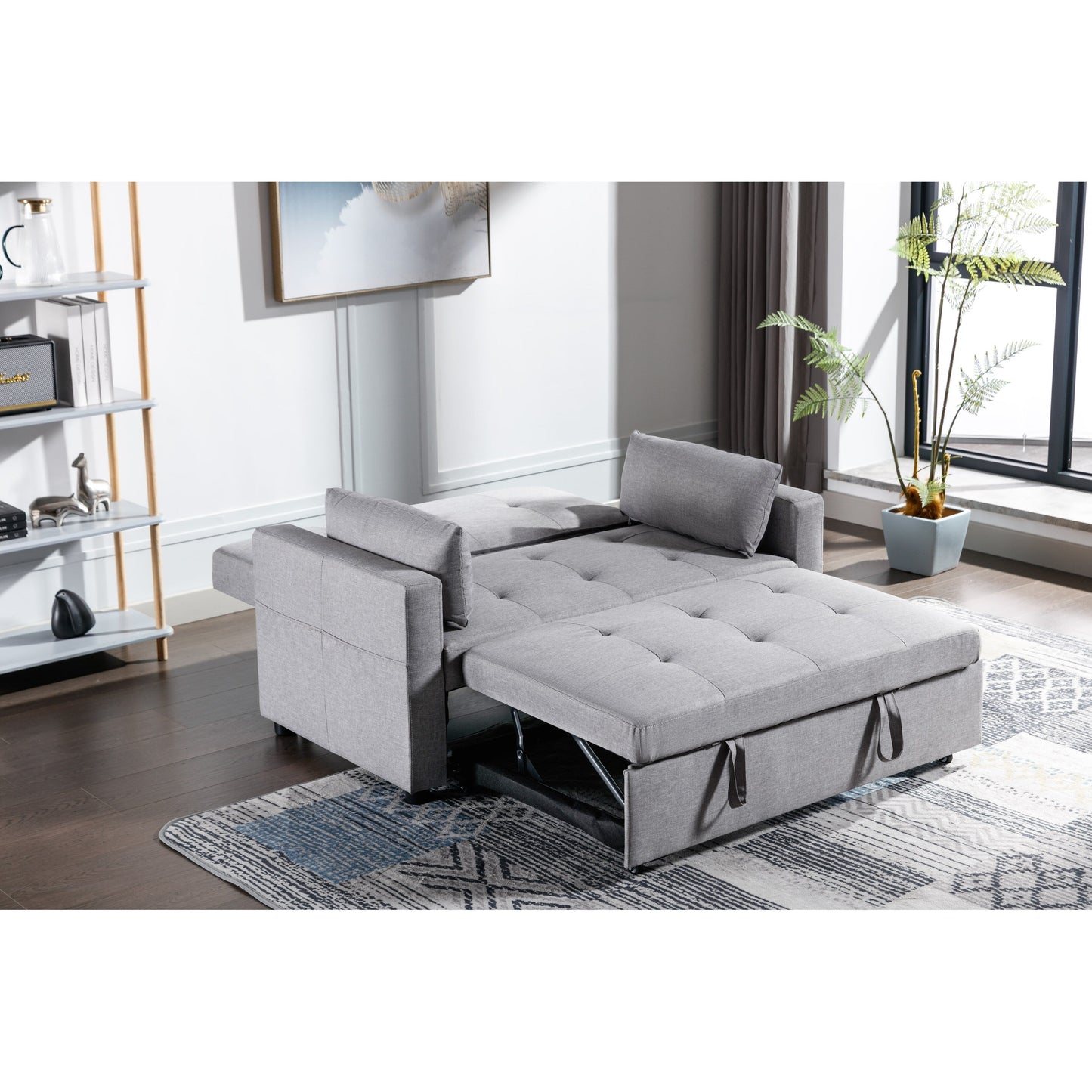 55.12 3-in-1 Linen Loveseat Convertible Sofa Bed with Side Pocket and Pillows for Living Room
