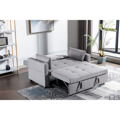 55.12 3-in-1 Linen Loveseat Convertible Sofa Bed with Side Pocket and Pillows for Living Room