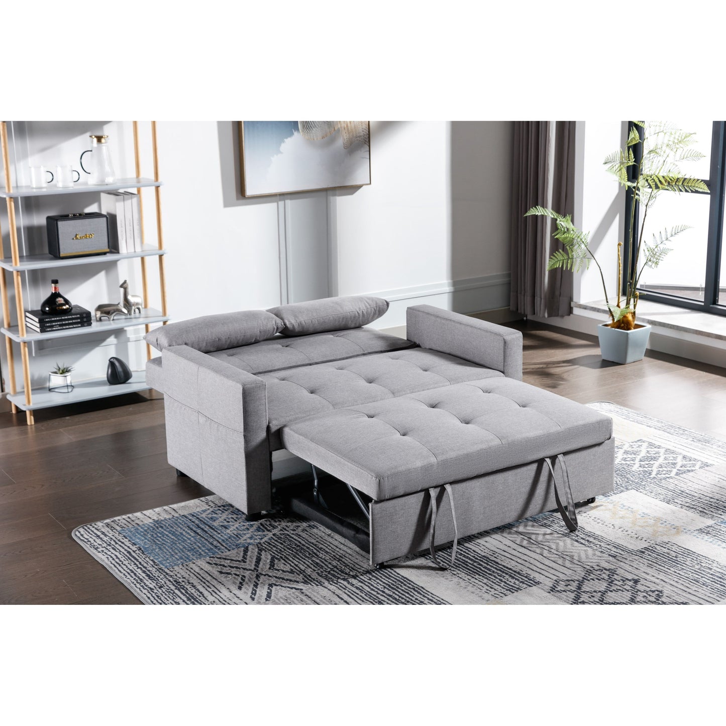 55.12 3-in-1 Linen Loveseat Convertible Sofa Bed with Side Pocket and Pillows for Living Room
