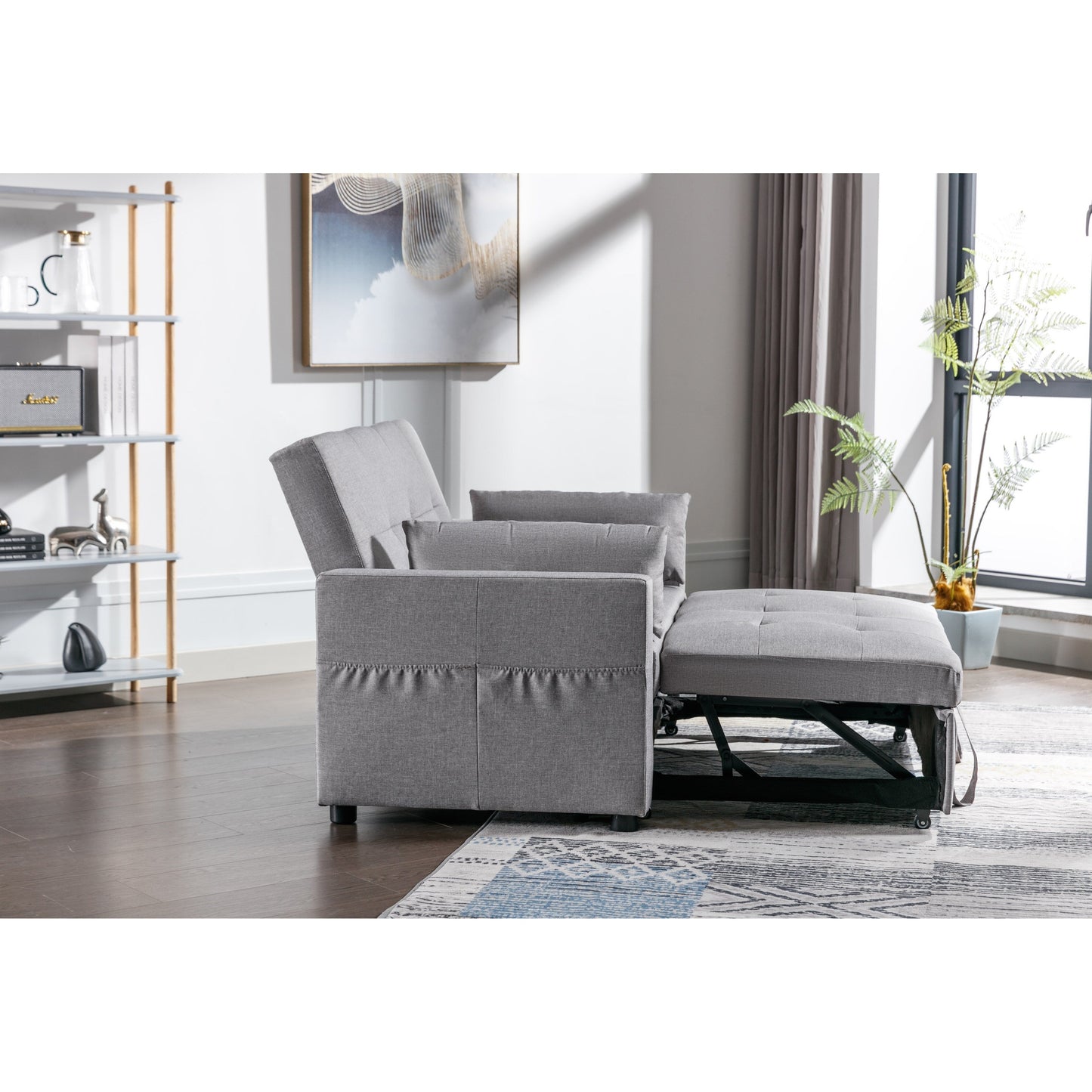 55.12 3-in-1 Linen Loveseat Convertible Sofa Bed with Side Pocket and Pillows for Living Room