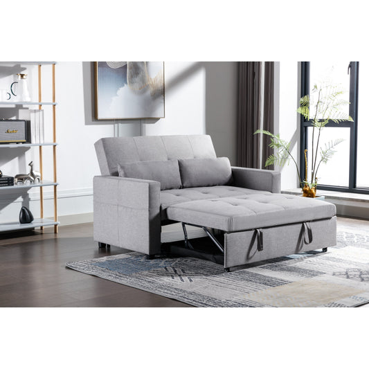 55.12 3-in-1 Linen Loveseat Convertible Sofa Bed with Side Pocket and Pillows for Living Room