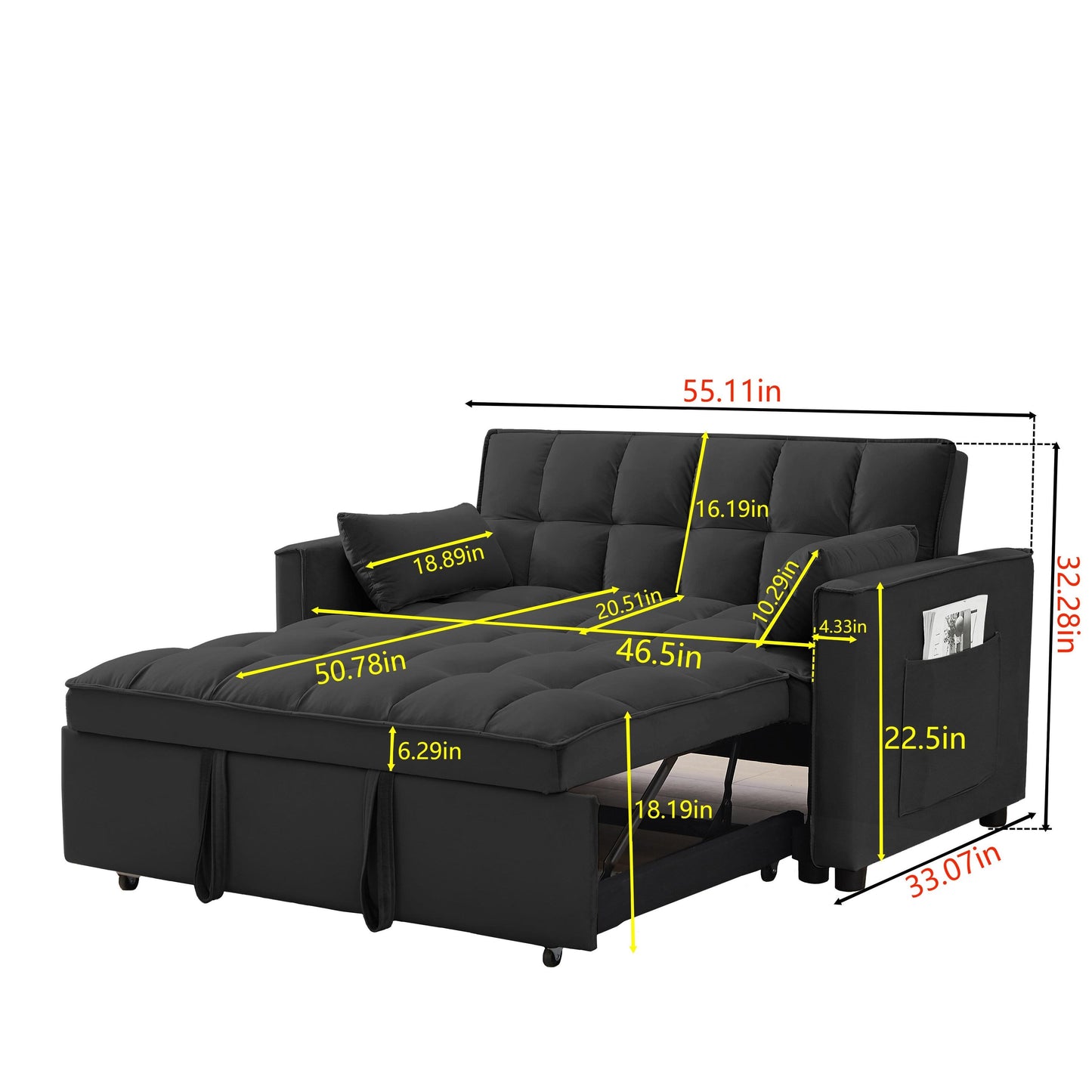 55.2 Velvet 2-in-1 Convertible Sofa Bed with Adjustable Backrest