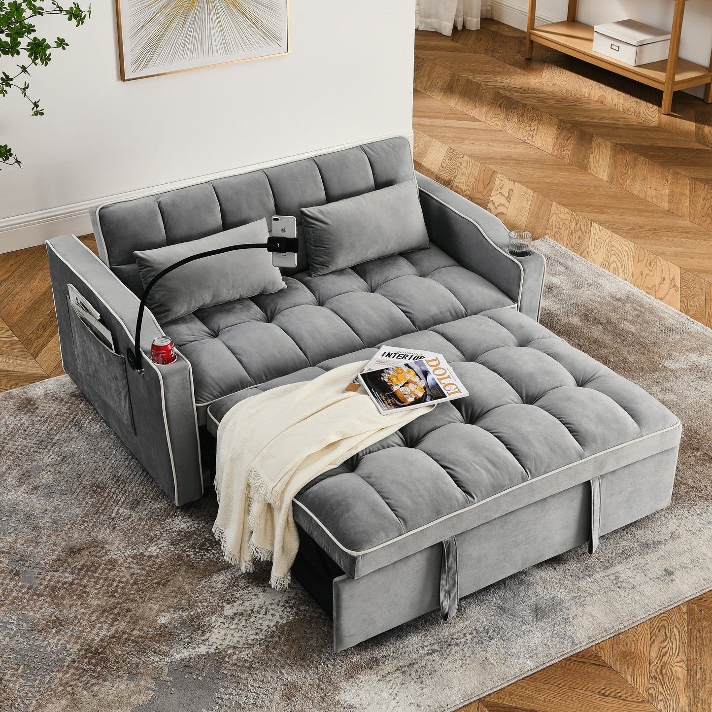 55.51 Velvet 2 Seater Sleeper Sofa with Adjustable Back, USB Port, Ashtray, Swivel Phone Stand, and 2 Pillows