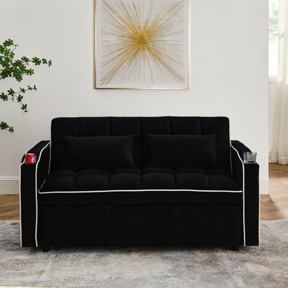 55.51 Velvet 2 Seater Sleeper Sofa with Adjustable Back, USB Port, Ashtray, Swivel Phone Stand, and 2 Pillows
