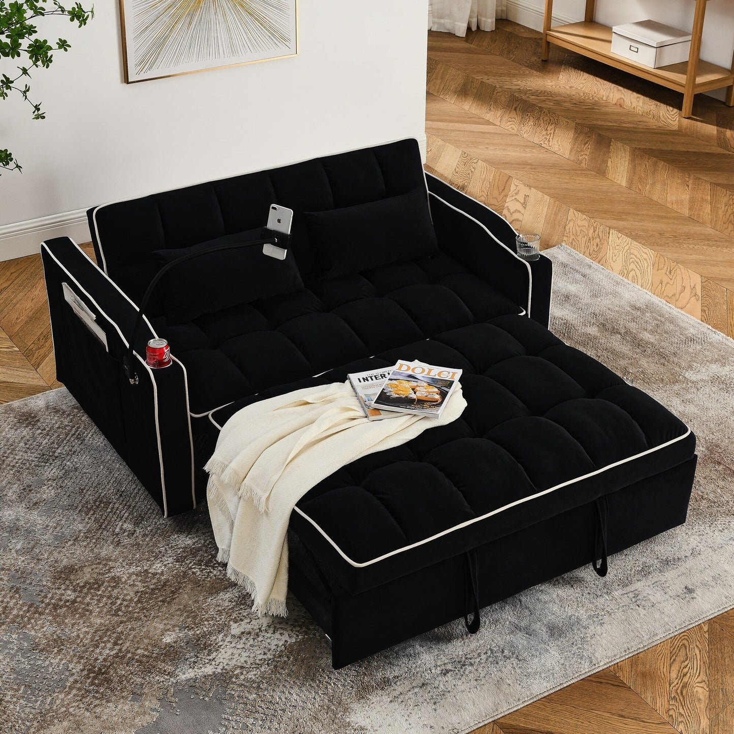55.51 Velvet 2 Seater Sleeper Sofa with Adjustable Back, USB Port, Ashtray, Swivel Phone Stand, and 2 Pillows