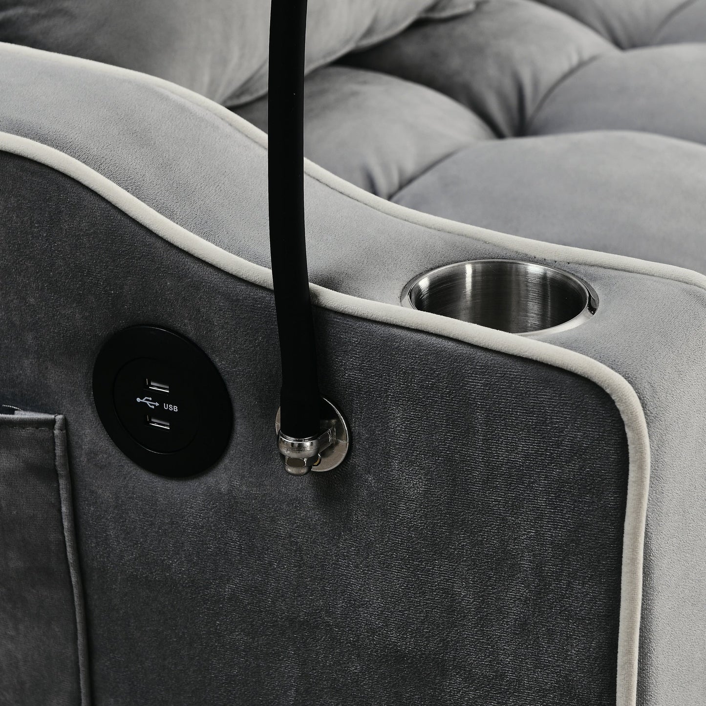 55.51 Velvet 2 Seater Sleeper Sofa with Adjustable Back, USB Port, Ashtray, Swivel Phone Stand, and 2 Pillows