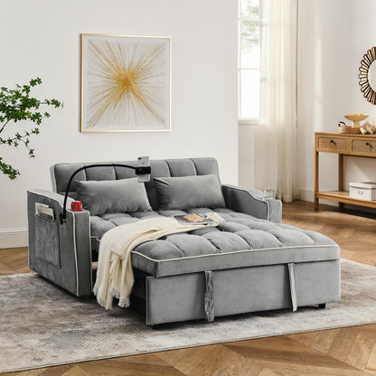 55.51 Velvet 2 Seater Sleeper Sofa with Adjustable Back, USB Port, Ashtray, Swivel Phone Stand, and 2 Pillows