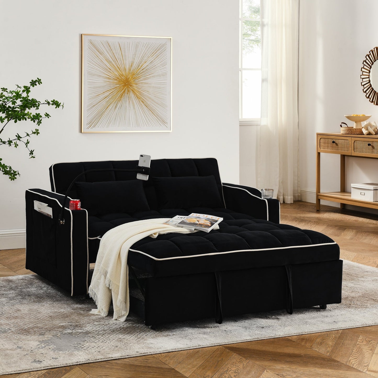 55.51 Velvet 2 Seater Sleeper Sofa with Adjustable Back, USB Port, Ashtray, Swivel Phone Stand, and 2 Pillows