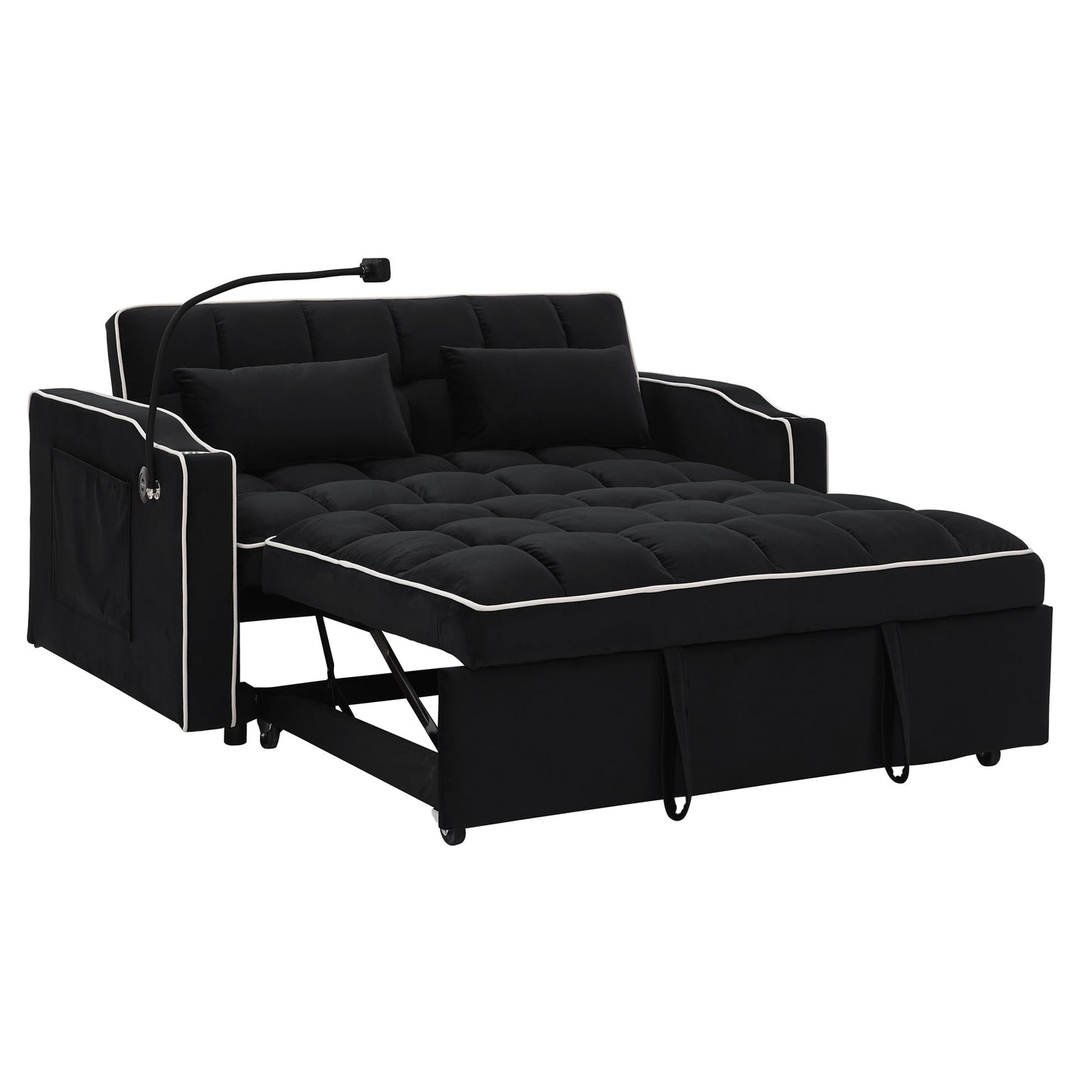 55.51 Velvet 2 Seater Sleeper Sofa with Adjustable Back, USB Port, Ashtray, Swivel Phone Stand, and 2 Pillows