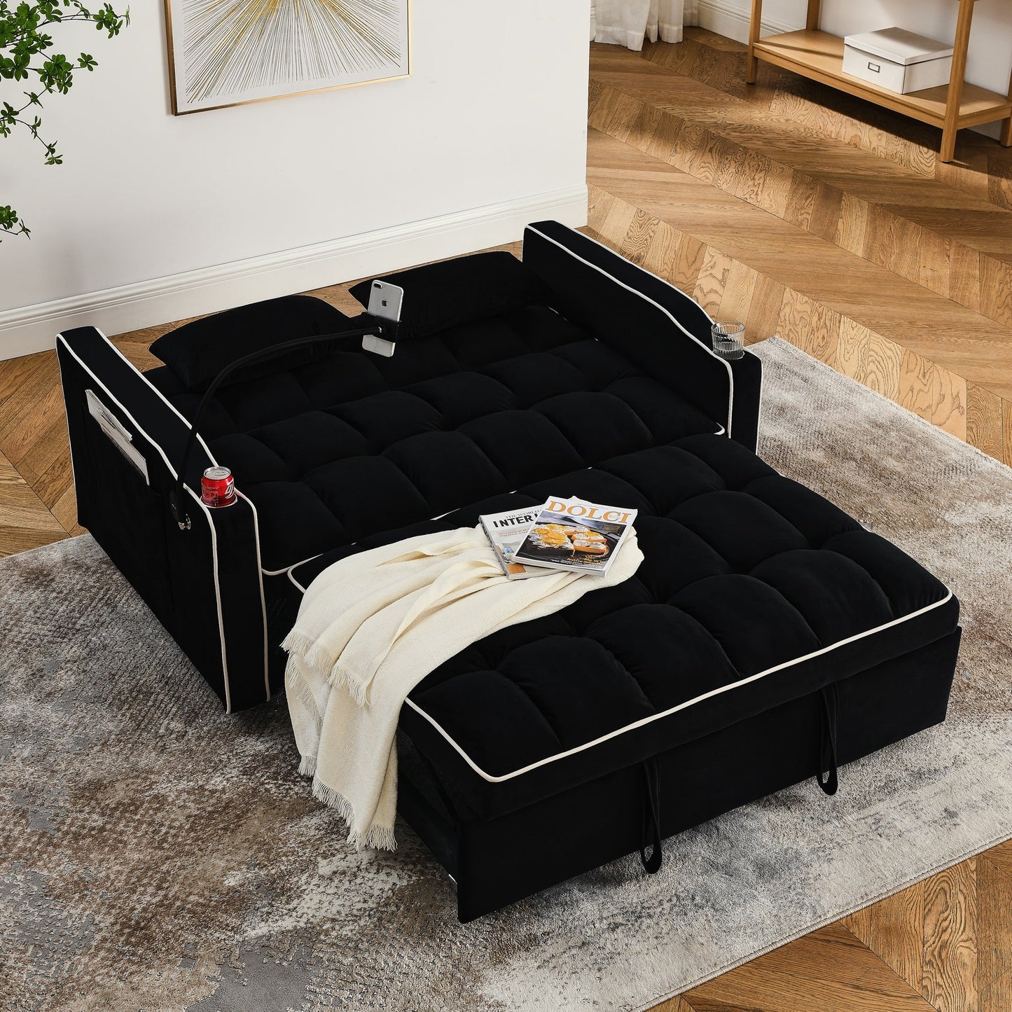 55.51 Velvet 2 Seater Sleeper Sofa with Adjustable Back, USB Port, Ashtray, Swivel Phone Stand, and 2 Pillows