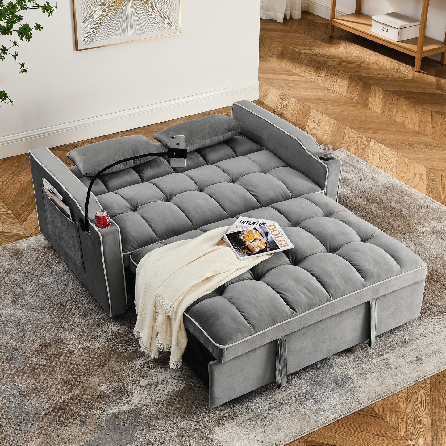 55.51 Velvet 2 Seater Sleeper Sofa with Adjustable Back, USB Port, Ashtray, Swivel Phone Stand, and 2 Pillows