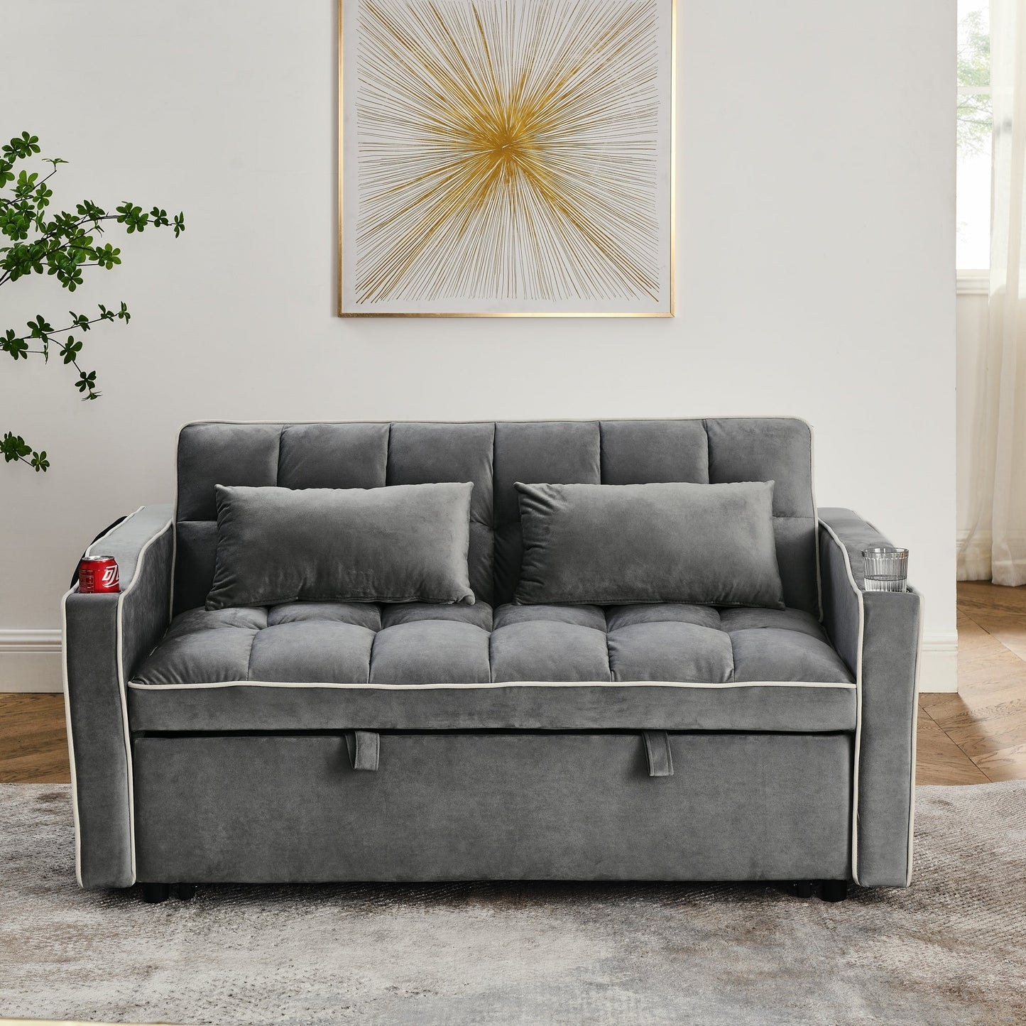 55.51 Velvet 2 Seater Sleeper Sofa with Adjustable Back, USB Port, Ashtray, Swivel Phone Stand, and 2 Pillows
