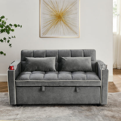 55.51 Velvet 2 Seater Sleeper Sofa with Adjustable Back, USB Port, Ashtray, Swivel Phone Stand, and 2 Pillows
