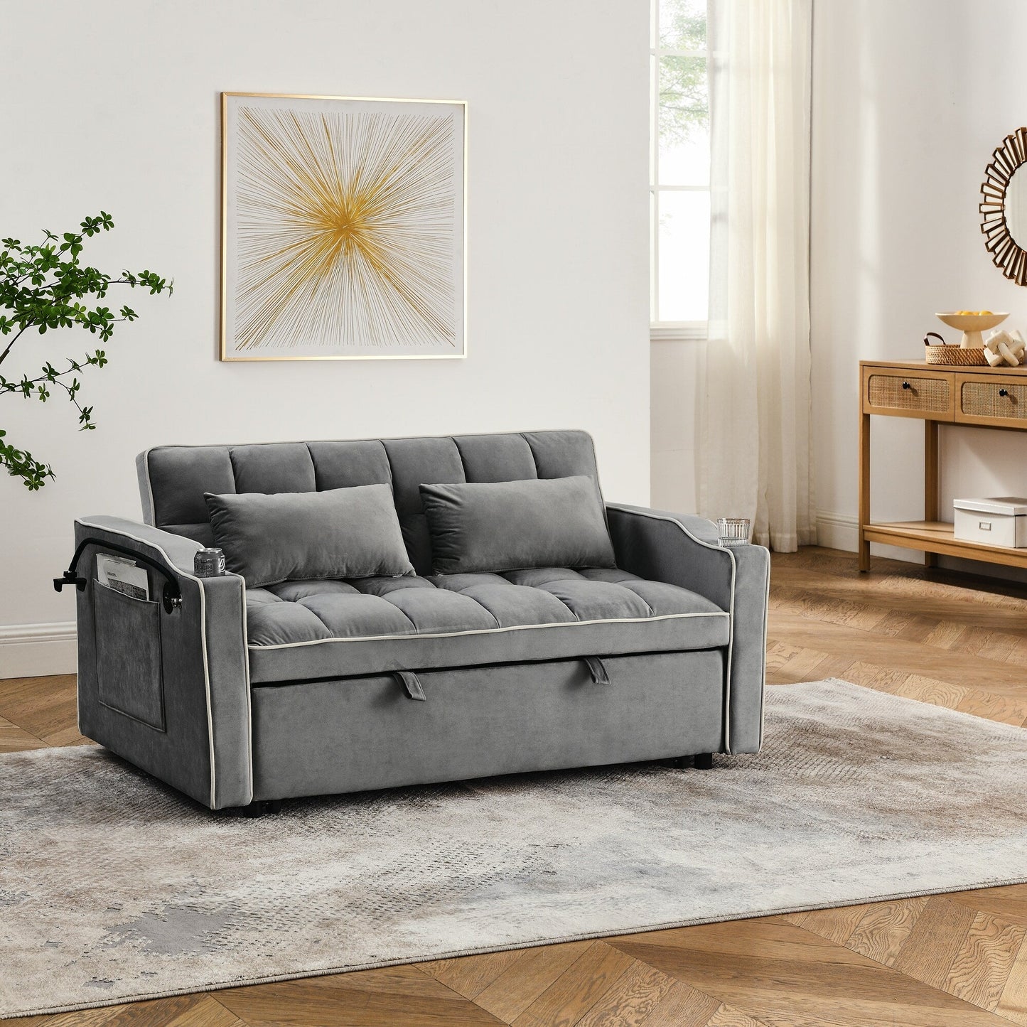 55.51 Velvet 2 Seater Sleeper Sofa with Adjustable Back, USB Port, Ashtray, Swivel Phone Stand, and 2 Pillows