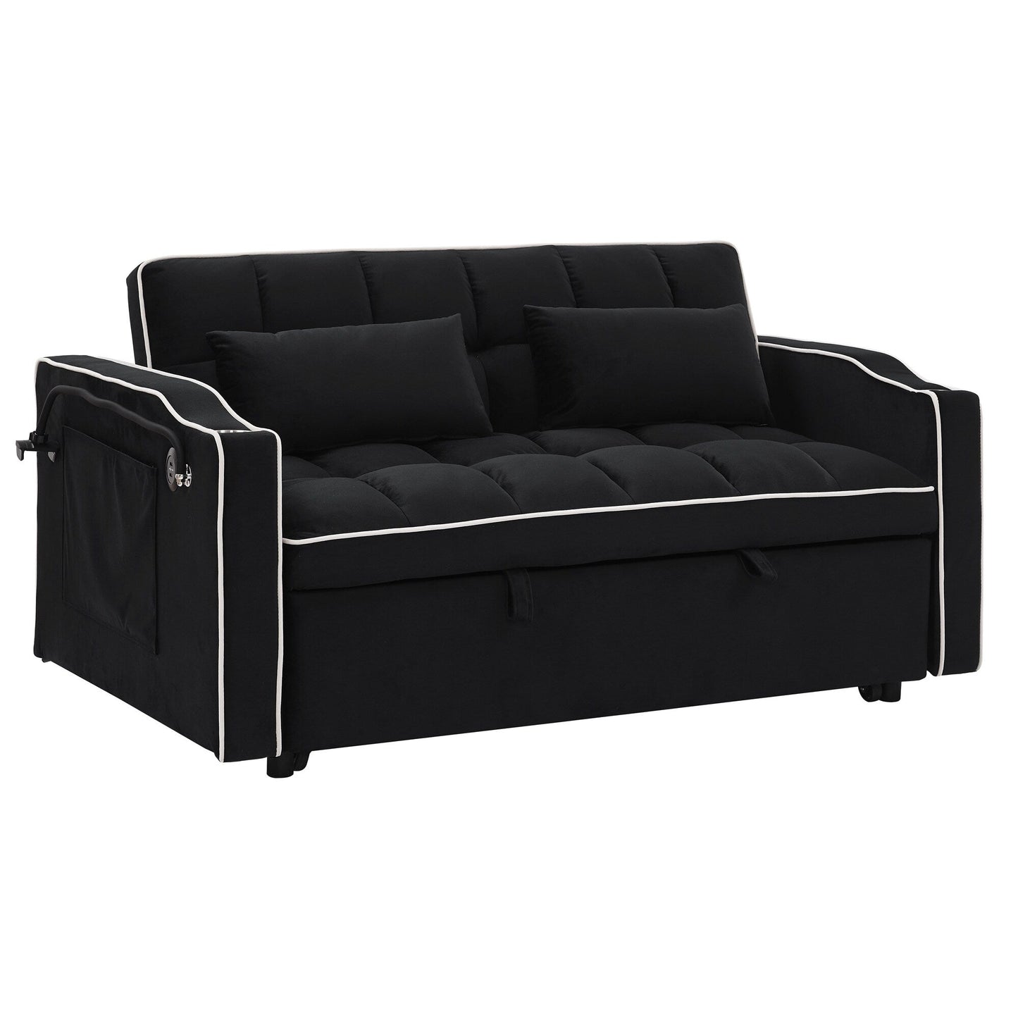 55.5Solid Wood 2-Seat Sofa with USB Charging Ports and Phone Stand,Includes 2 Soft Pillows
