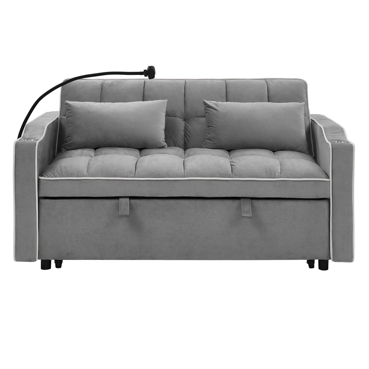 55.5Solid Wood 2-Seat Sofa with USB Charging Ports and Phone Stand,Includes 2 Soft Pillows