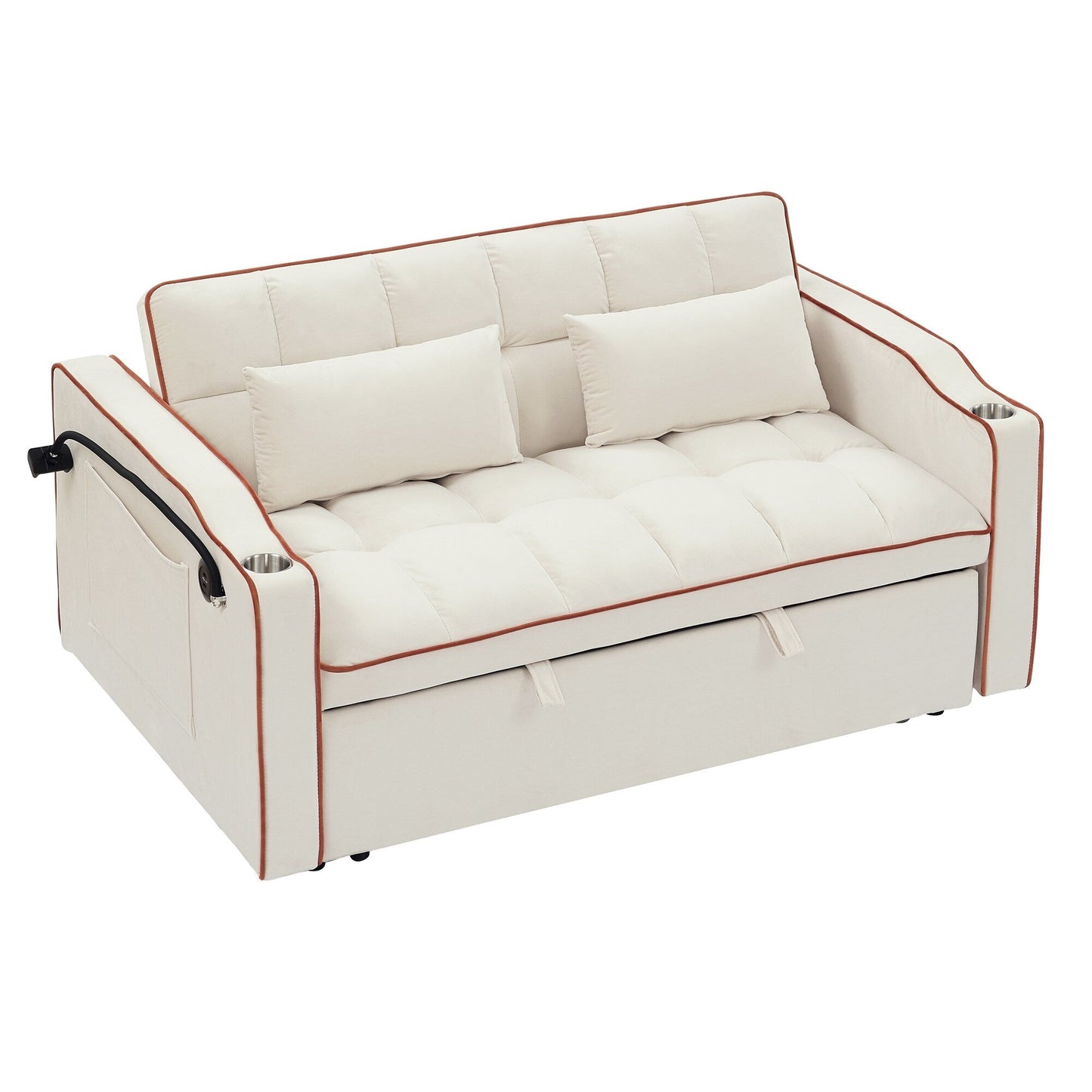 55.5Solid Wood 2-Seat Sofa with USB Charging Ports and Phone Stand,Includes 2 Soft Pillows