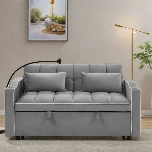 55.5Solid Wood 2-Seat Sofa with USB Charging Ports and Phone Stand,Includes 2 Soft Pillows