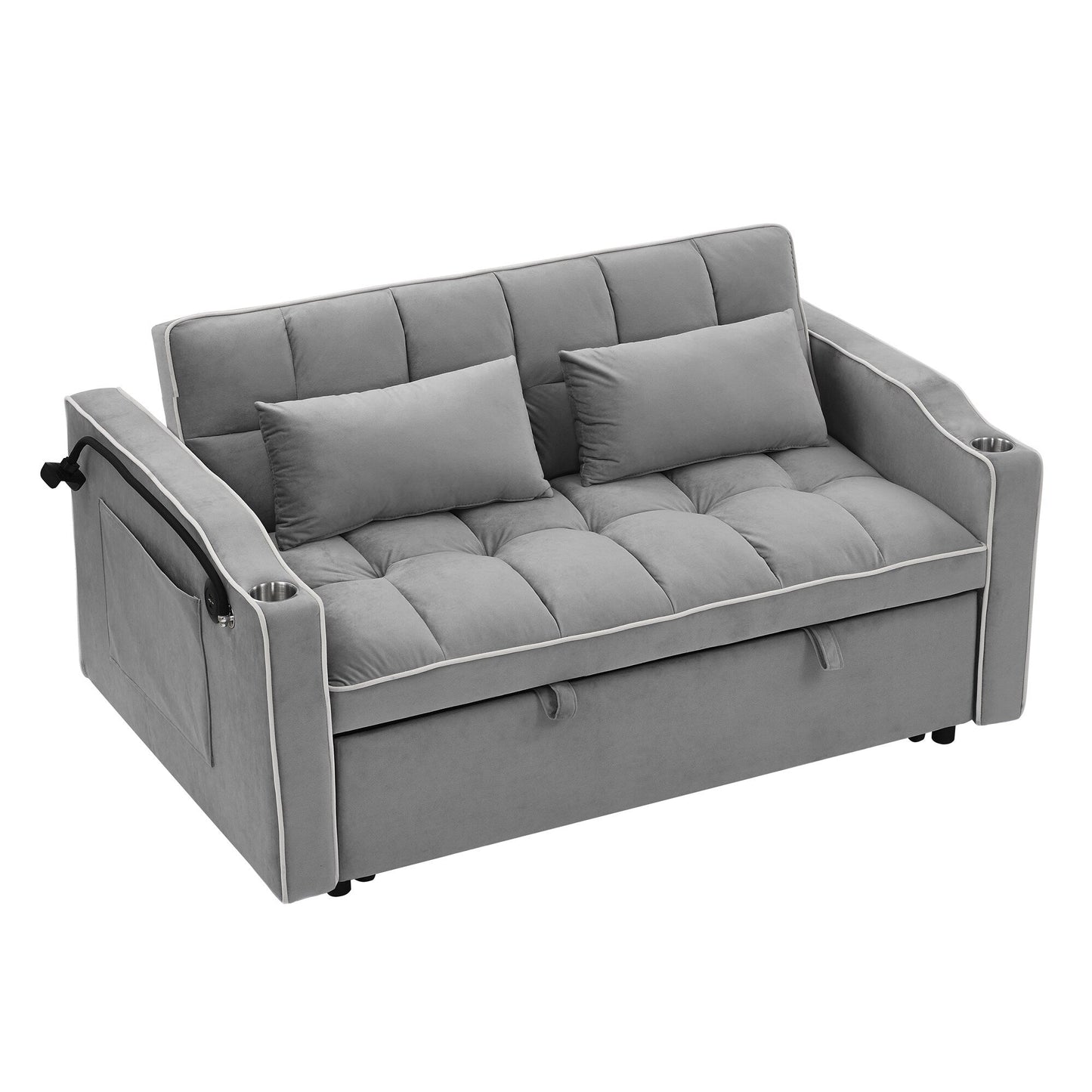 55.5Solid Wood 2-Seat Sofa with USB Charging Ports and Phone Stand,Includes 2 Soft Pillows