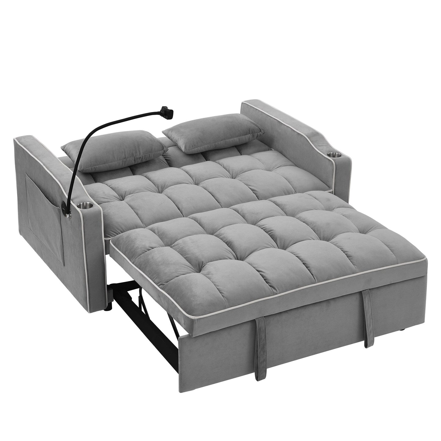 55.5Solid Wood 2-Seat Sofa with USB Charging Ports and Phone Stand,Includes 2 Soft Pillows