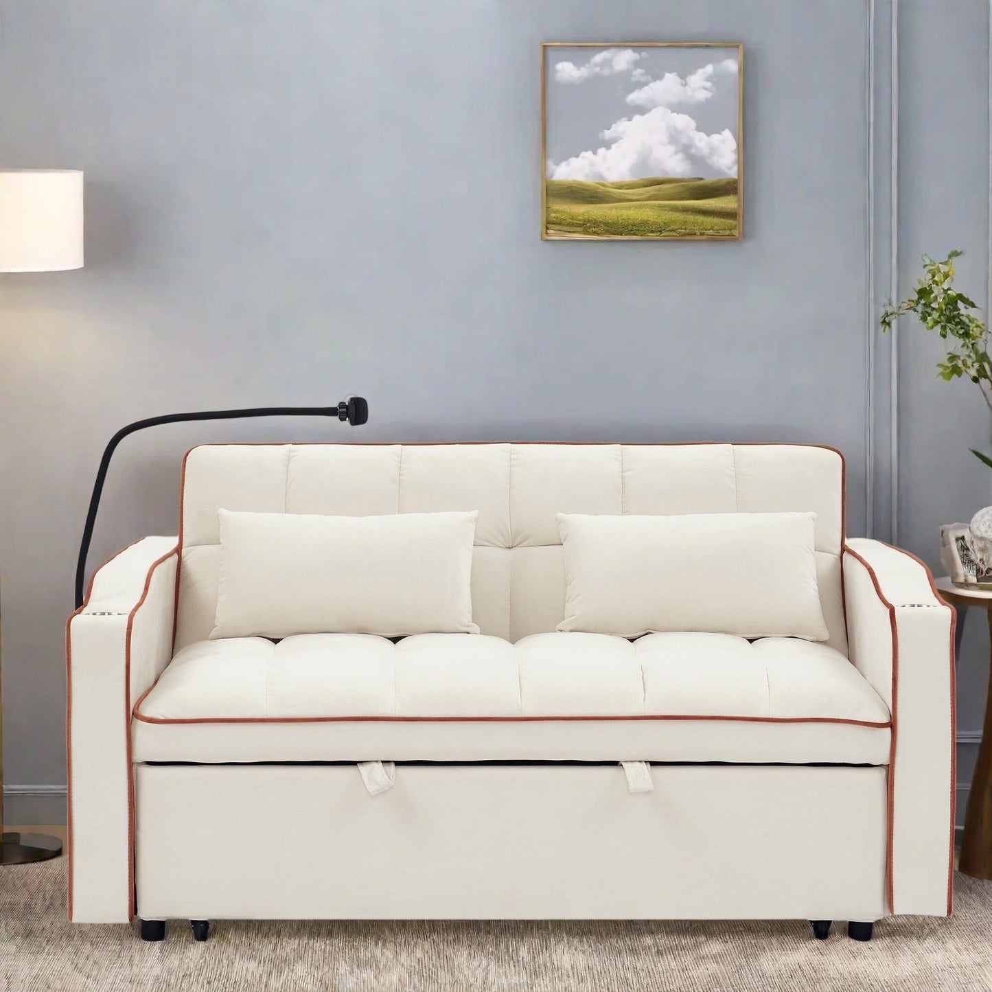 55.5Solid Wood 2-Seat Sofa with USB Charging Ports and Phone Stand,Includes 2 Soft Pillows